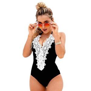V-Neck Vintage Black Vintage Swimsuit Lace Halter Size 4XL NWT #0387